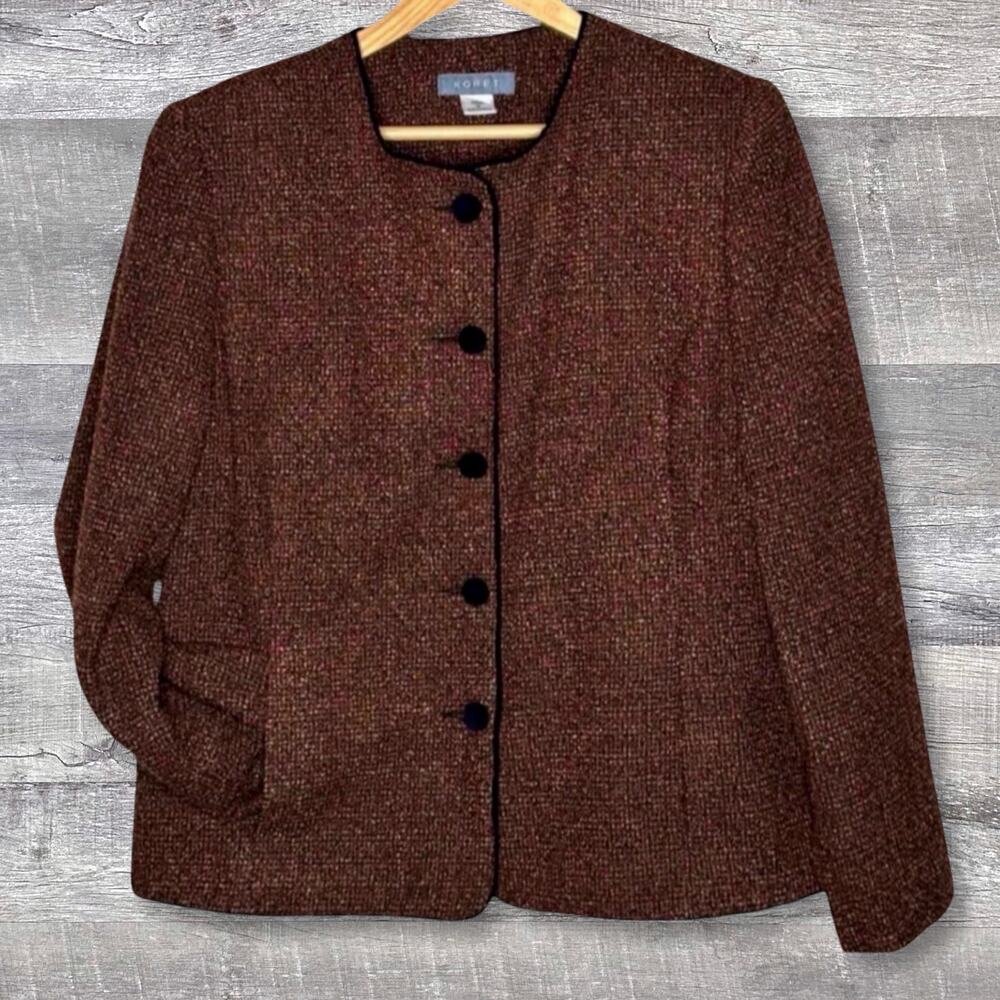 Koret Womens Tweed Blazer Jacket Size 12 Velvet Accents Burgundy Academia Career
